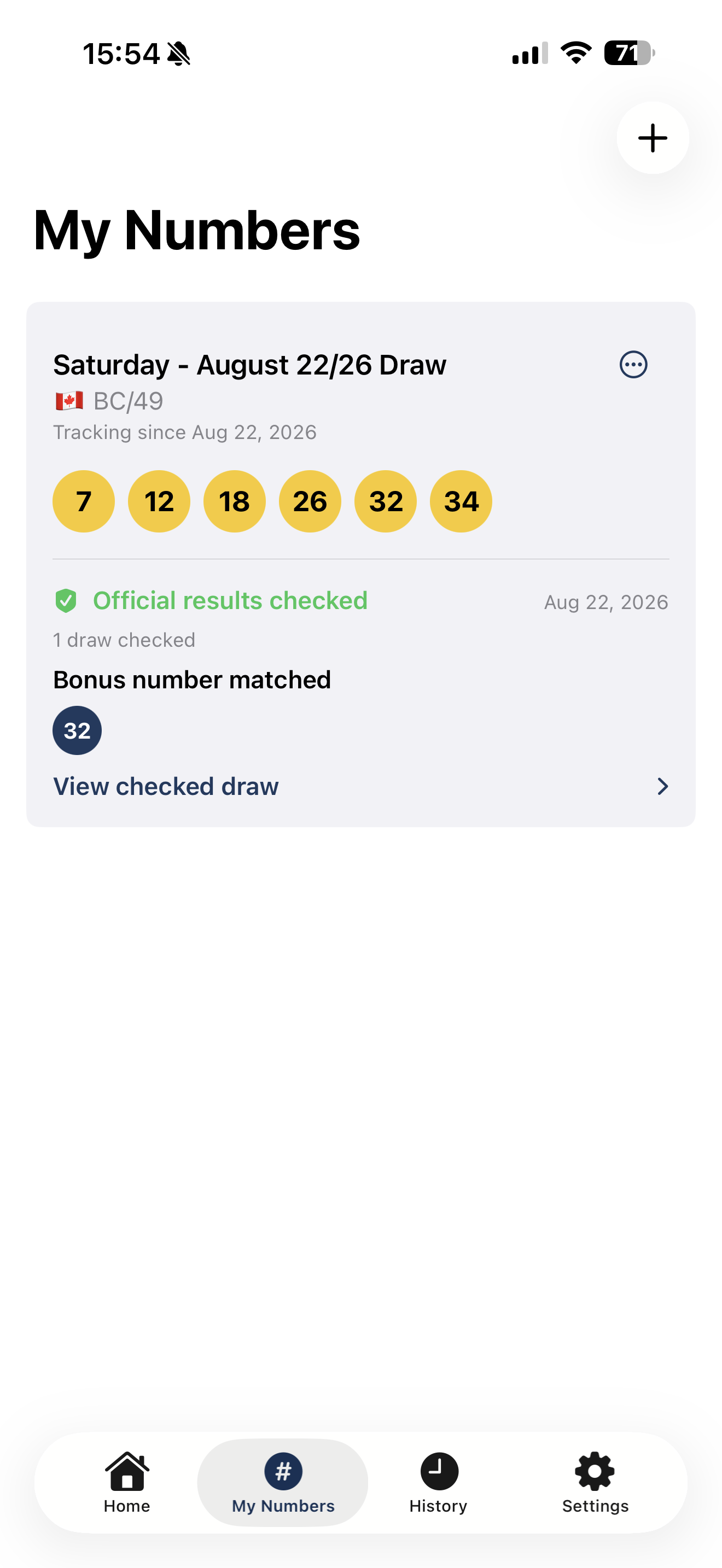 LottoScope My Numbers screen showing a saved BC/49 line of 7, 12, 18, 26, 32 and 34 with official results checked and a matched bonus number